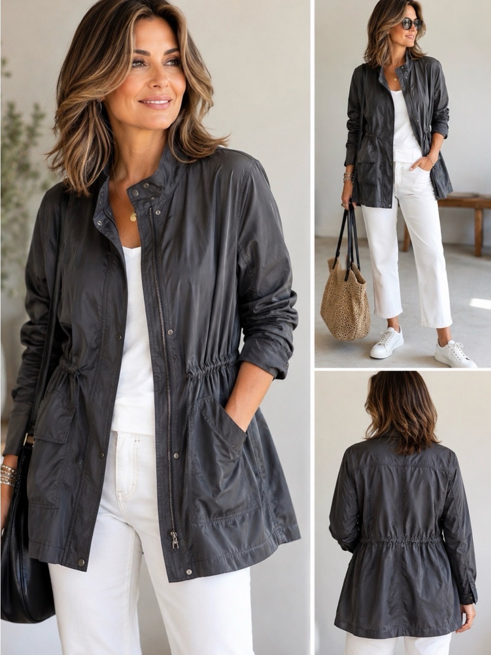 Eileen Fisher Petite Charcoal Drawstring Utility Anorak Zip Front PL - Picture 2 of 10